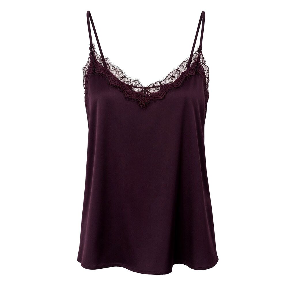 Lace Trim Cami Tank Top Shell Womens Sz L Purple Aubergine Eggplant Coquette EUC
